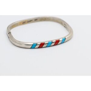 Sterling Silver 925 Hinged Bangle Bracelet Mexico Turquoise Coral Inlay hinge